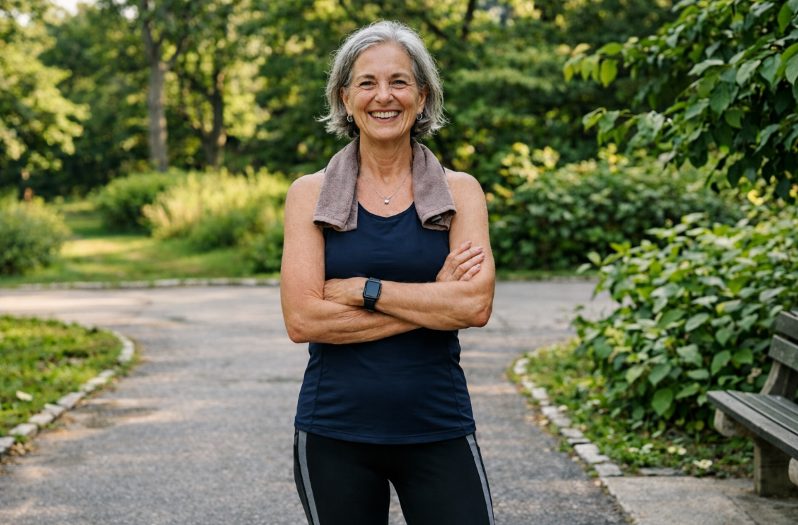 Woman in fitness attire smiling outdoors in a park