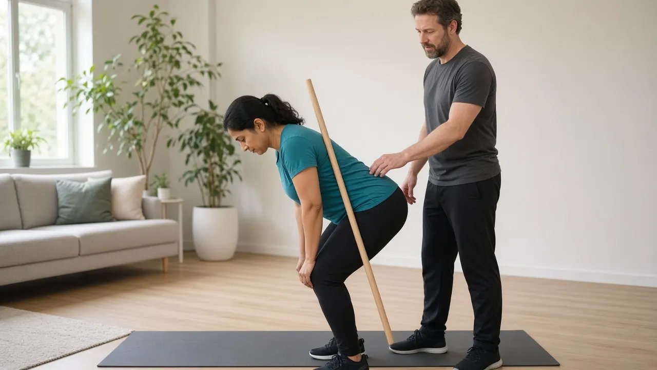 A trainer shows a first-time client how to hinge at the hips in a bright studio, both smiling