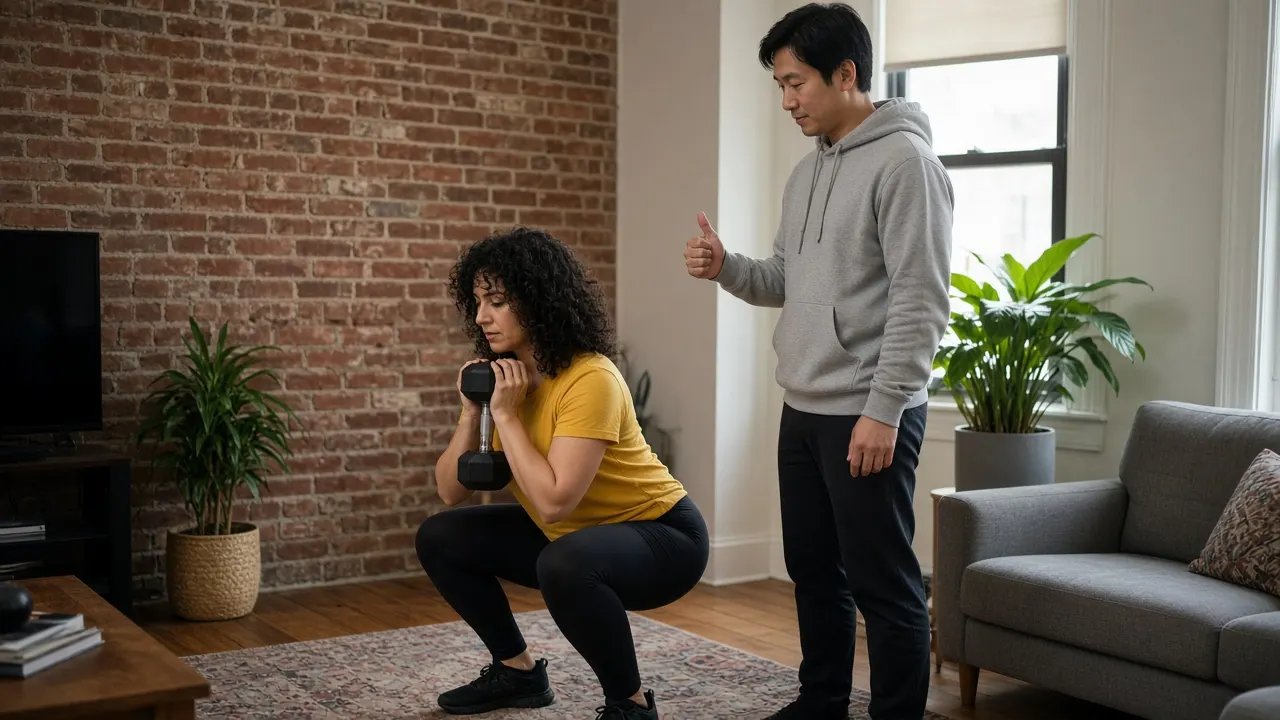A trainer times a client doing a dumbbell squat in a small New York apartment