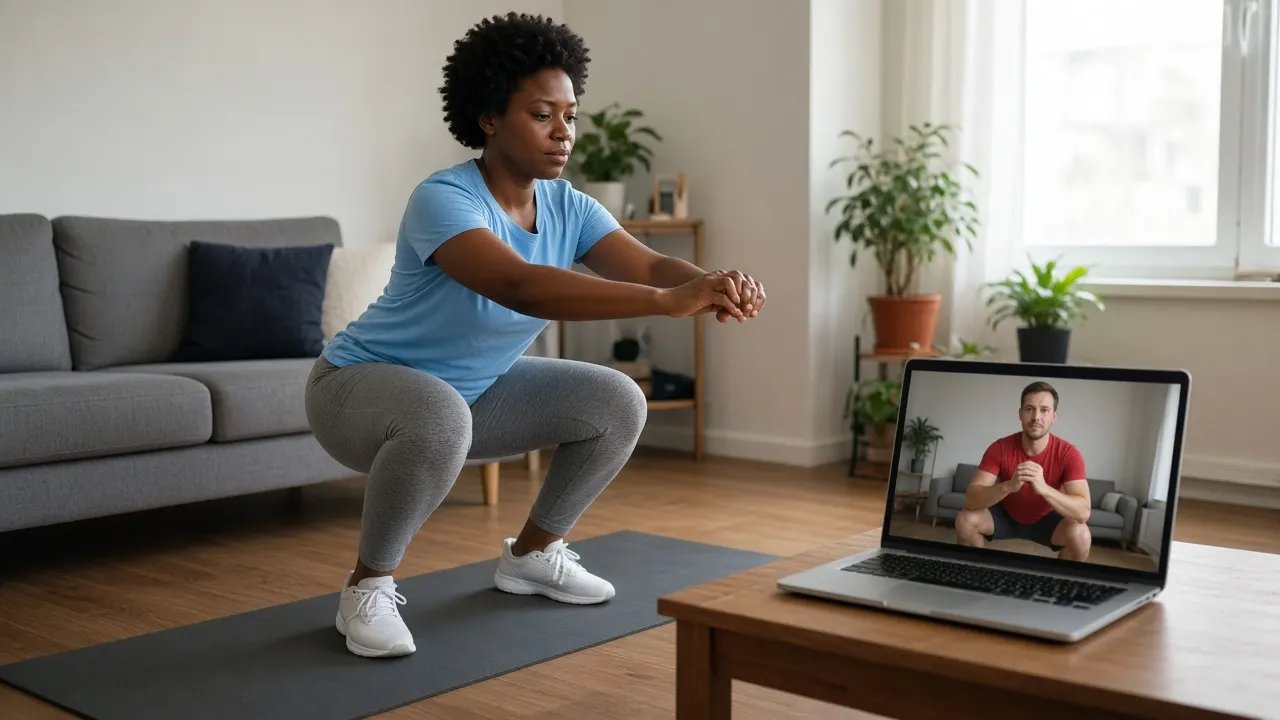 A woman squats on a mat in her city apartment, following a trainer on her laptop screen