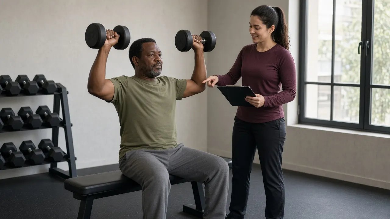 A trainer with a clipboard talks with a client resting on a bench between dumbbell presses in a quiet gym