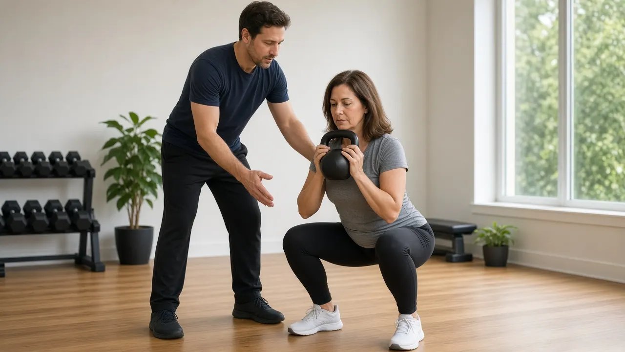 A trainer steadies a client’s elbow as she does a kettlebell squat in a small private studio