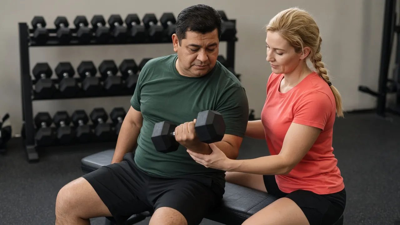 A trainer sits beside a client on a bench, talking him through a light dumbbell curl