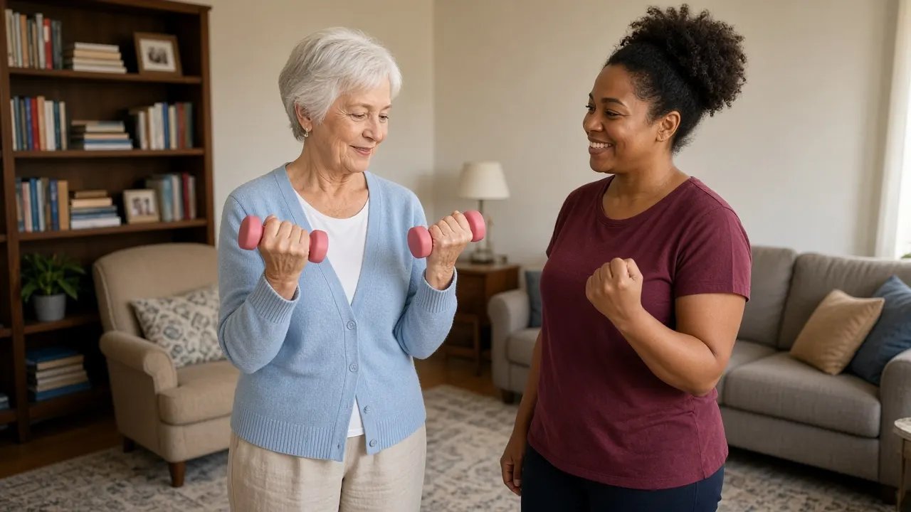 A trainer guides an older woman lifting light pink dumbbells in her apartment living room