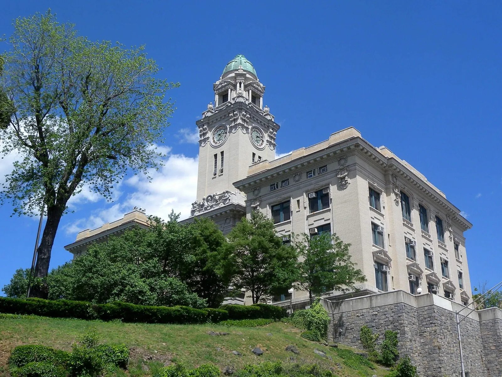 Yonkers City Hall and its clock tower on a sunny day